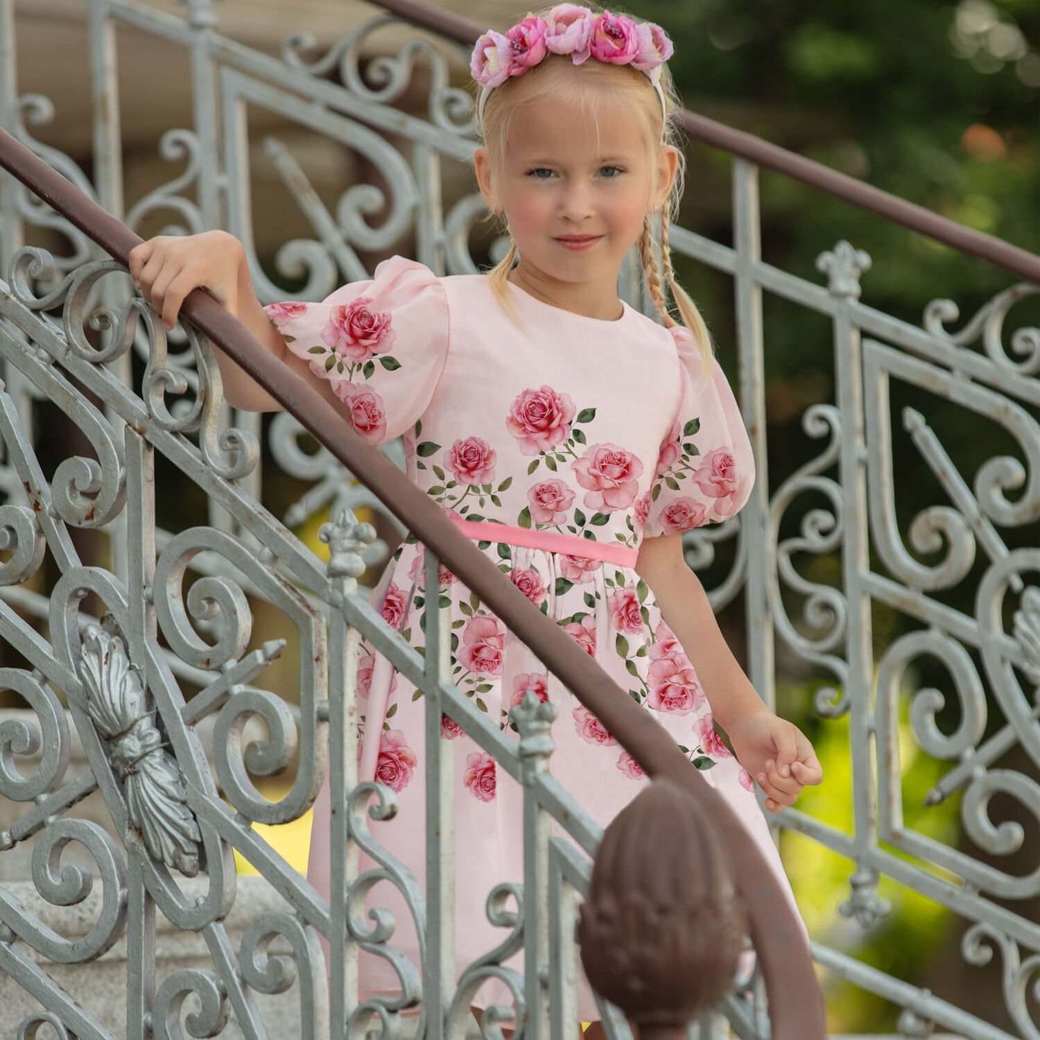 Girls Pink Floral Chiffon Dress, 1, hi-res