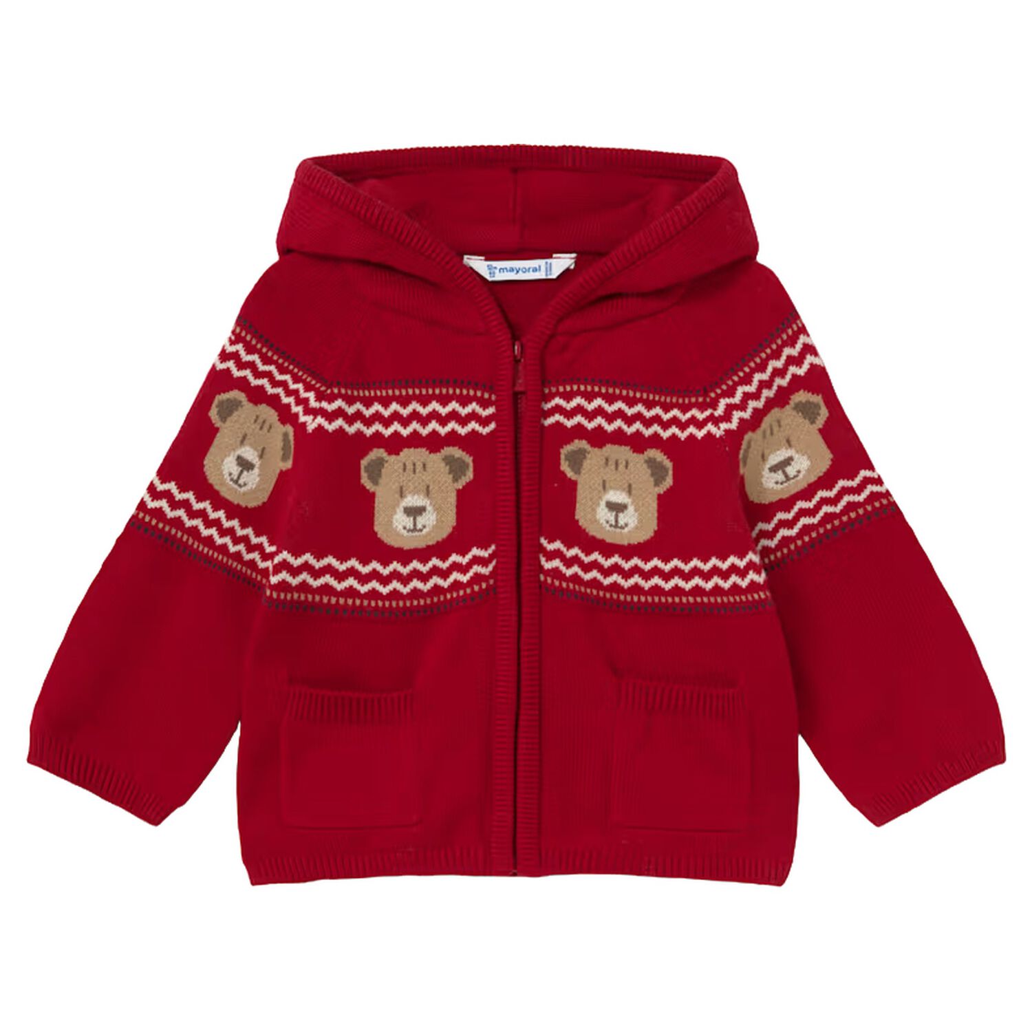 Younger Boys Red Teddy Bear Knitted Hooded Top, 1, hi-res