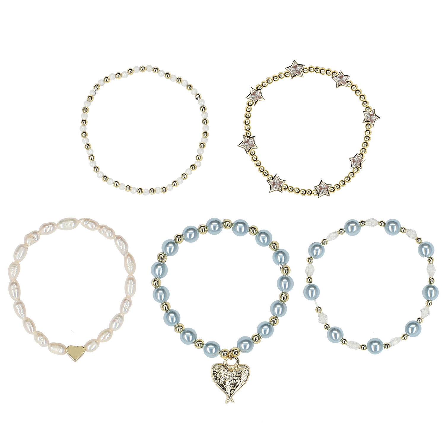 Girls Blue & Gold Beaded Bracelets (5 Pack), 2, hi-res