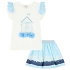 Girls Blue & White Broderie Anglaise Skirt Set, 2, hi-res