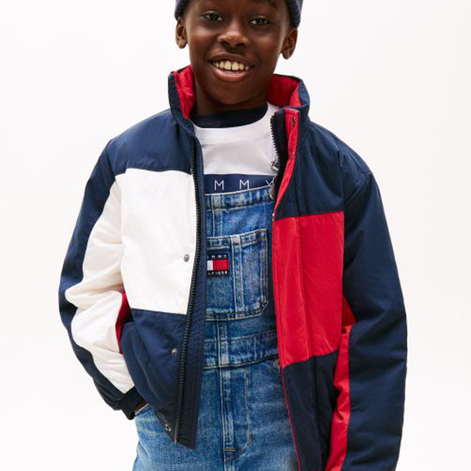 Boys Navy Blue, White & Red Logo Puffer Jacket, 1, hi-res