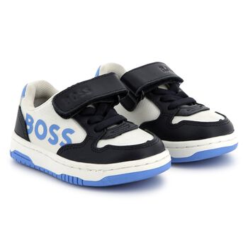 Boys Navy Blue, Blue & White Logo Trainers