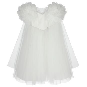 Girls Cendice White Organza Floral & Tulle Cape Dress