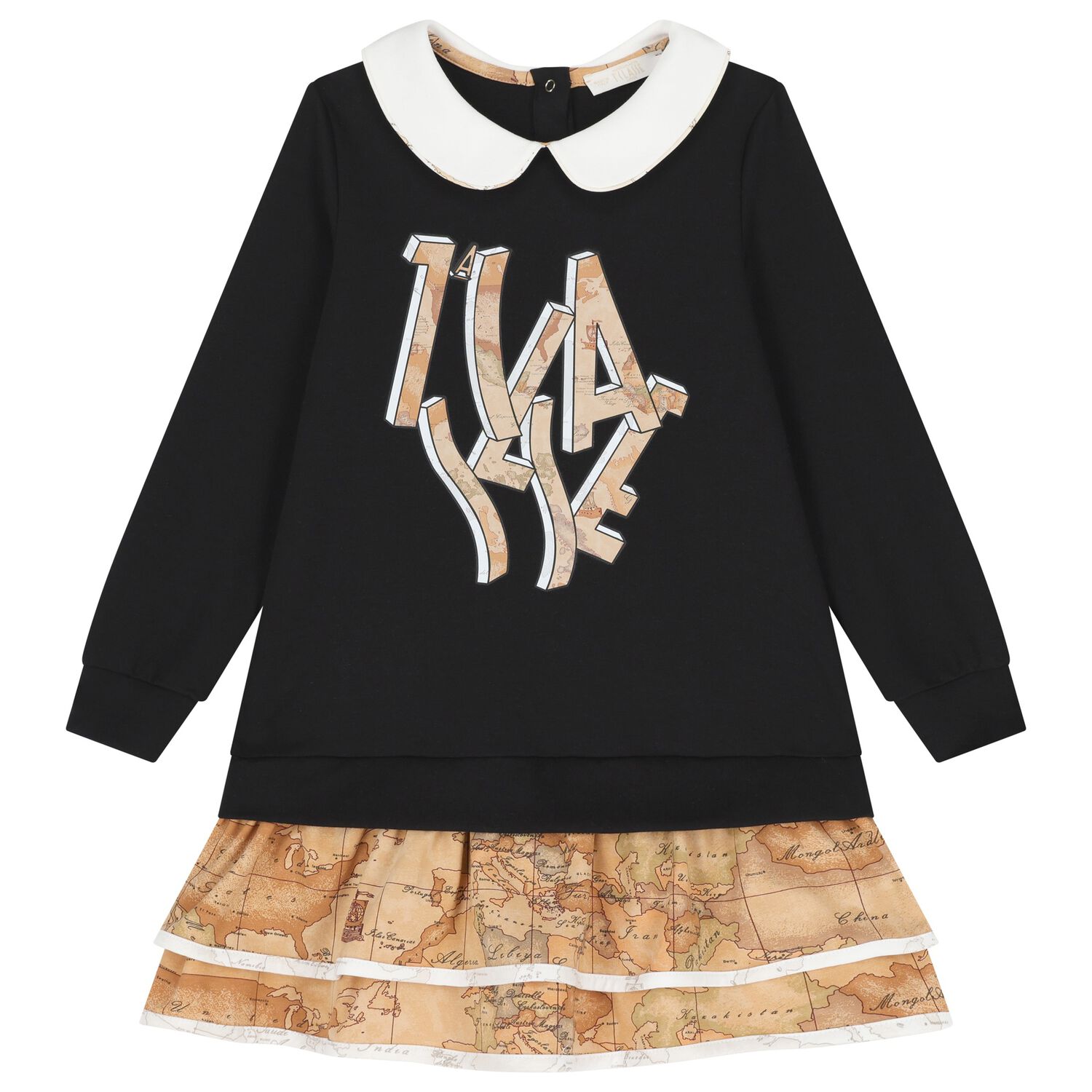 Girls Black & Beige Geo Map Dress, 2, hi-res