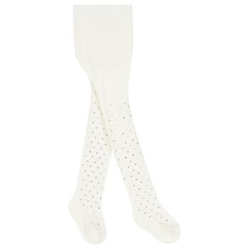 Younger Girls White & Silver Heart Tights