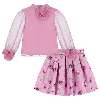 Girls Pink Floral Skirt Set