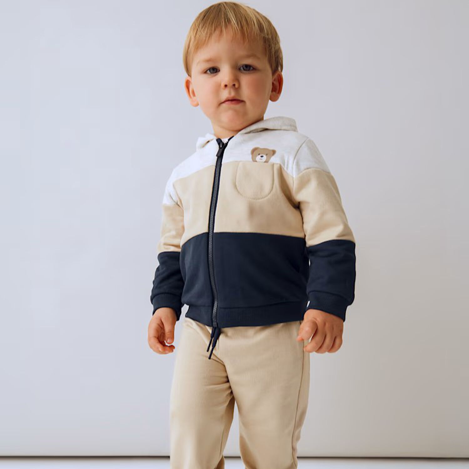 Younger Boys Beige, Grey & Navy Blue 3-Piece Tracksuit, 4, hi-res
