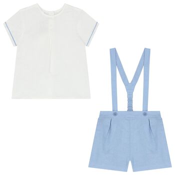 Baby Boys White & Blue Smart Dungaree Set, 2 Baby Boys White & Blue Smart Dungaree Set