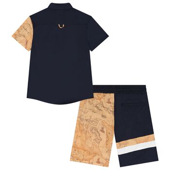 Boys Navy Blue & Beige Geo Map Logo Shorts Set