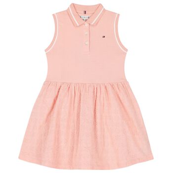 Girls Pink Cotton Broderie Polo Dress