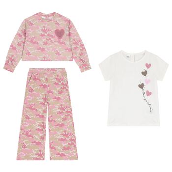 Girls Pink & Ivory Camouflage Trousers Set