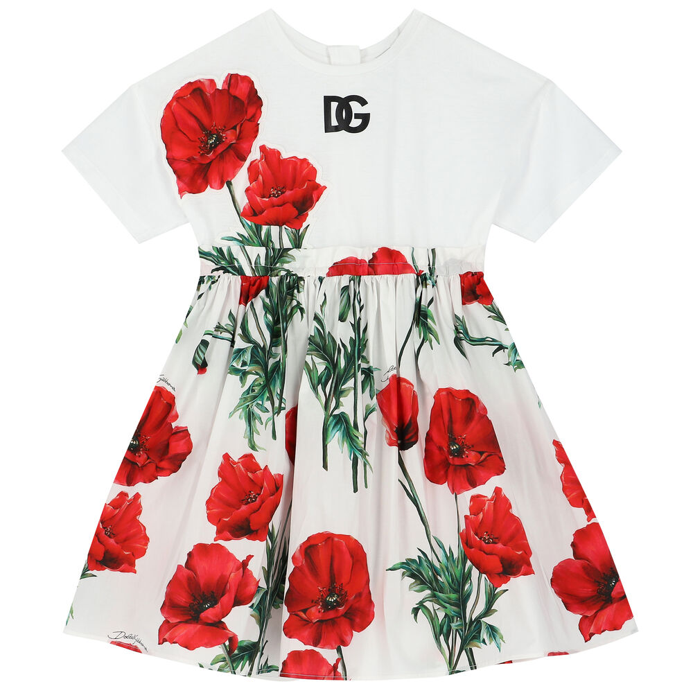 Dolce u0026 Gabbana Girls White u0026 Red Poppy Dress | Junior Couture UK
