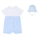 Baby Boys Blue & White Dungaree & Hat Set, 2, hi-res