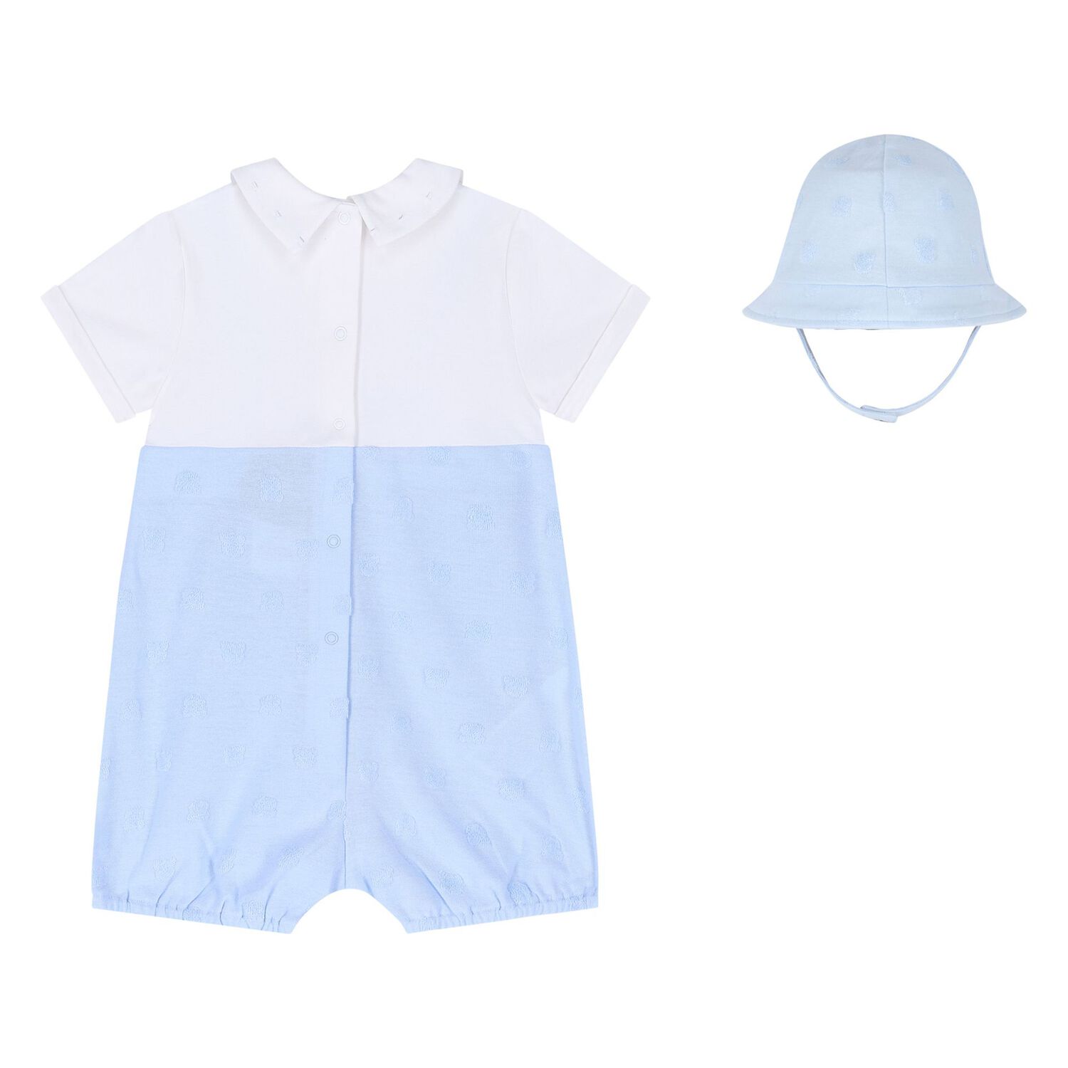 Baby Boys Blue & White Dungaree & Hat Set, 2, hi-res