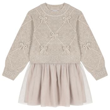 Girls Beige Tulle Dress Set