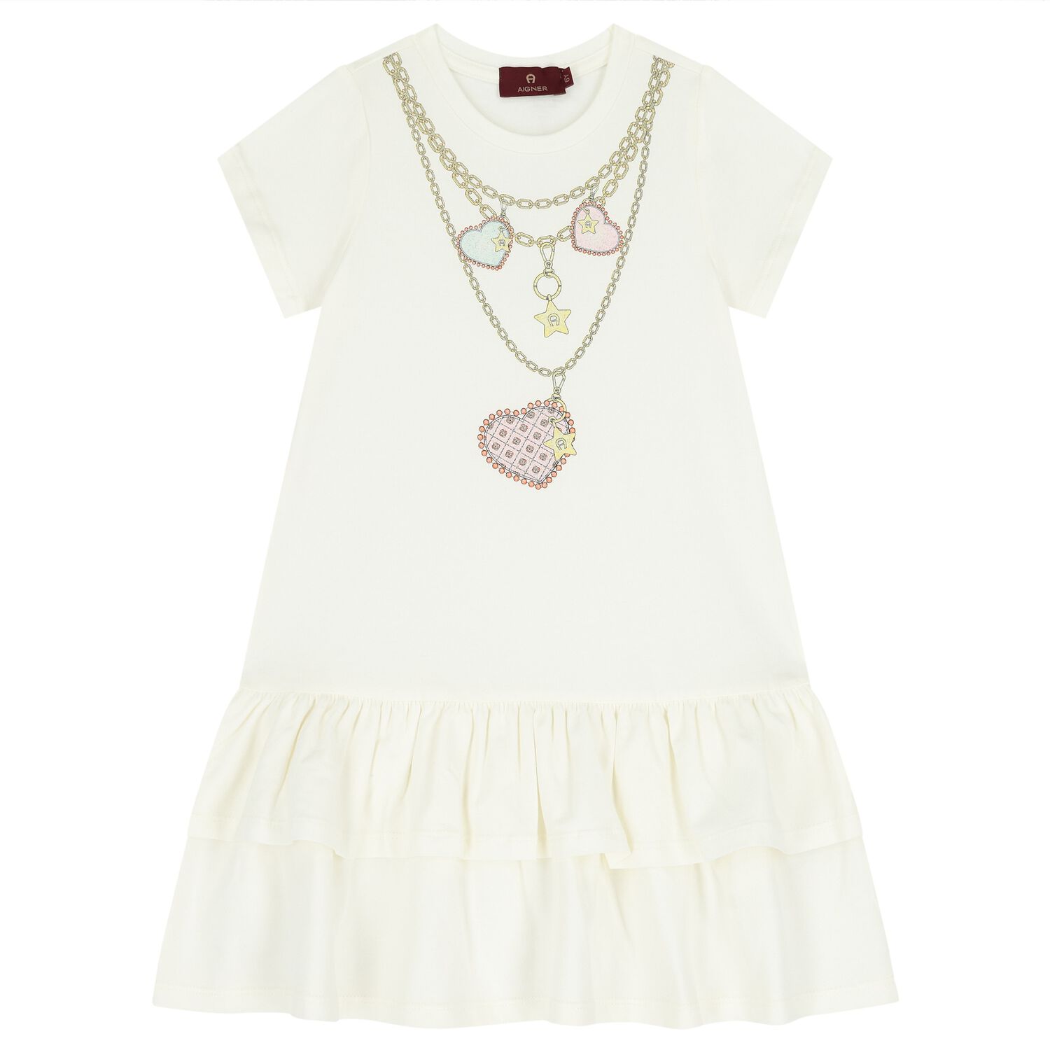 Girls Ivory Necklace Logo Dress, 1, hi-res