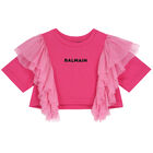 Girls Pink Logo Ruffled Top, 1, hi-res