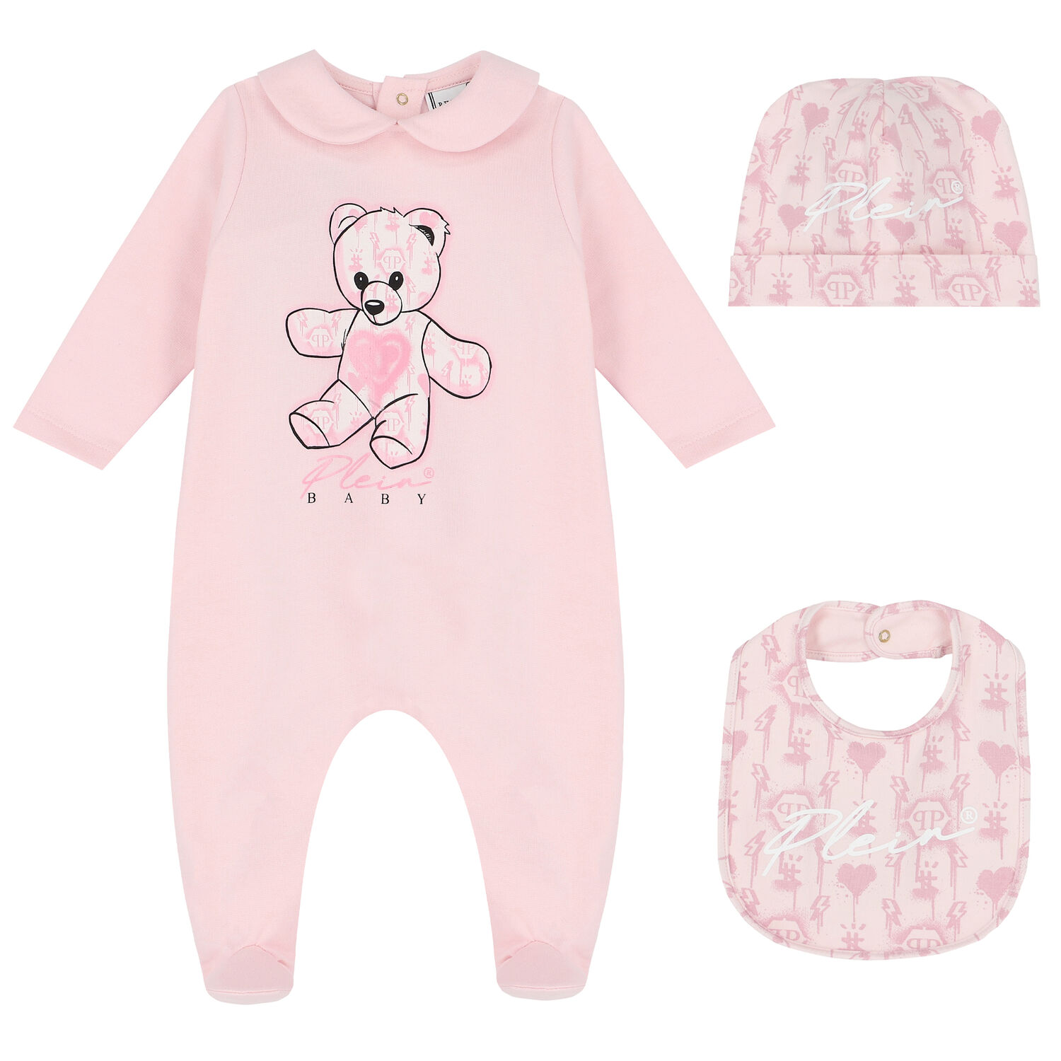 Baby Girls Ivory Teddy Logo Babygrow Set, 1, hi-res