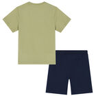 Boys Green & Navy Dinosaur Shorts Set, 1, hi-res
