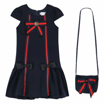 Girls Navy Blue Dress & Handbag