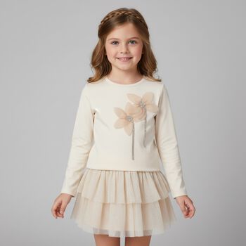 Girls Beige Flower Long Sleeve Top