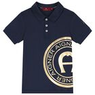 Boys Navy Blue & Gold Polo Shirt, 2, hi-res
