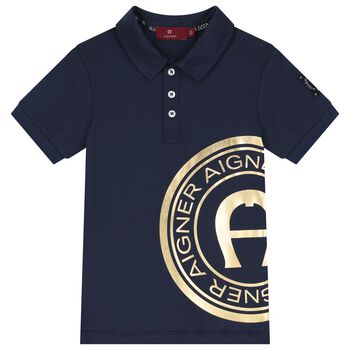 Aigner Boys Navy Blue & Gold Polo Shirt, 2 Boys Navy Blue & Gold Polo Shirt