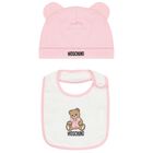 Baby Girls Pink & White Teddy Bear Logo Hat & Bib Gift Set, 1, hi-res