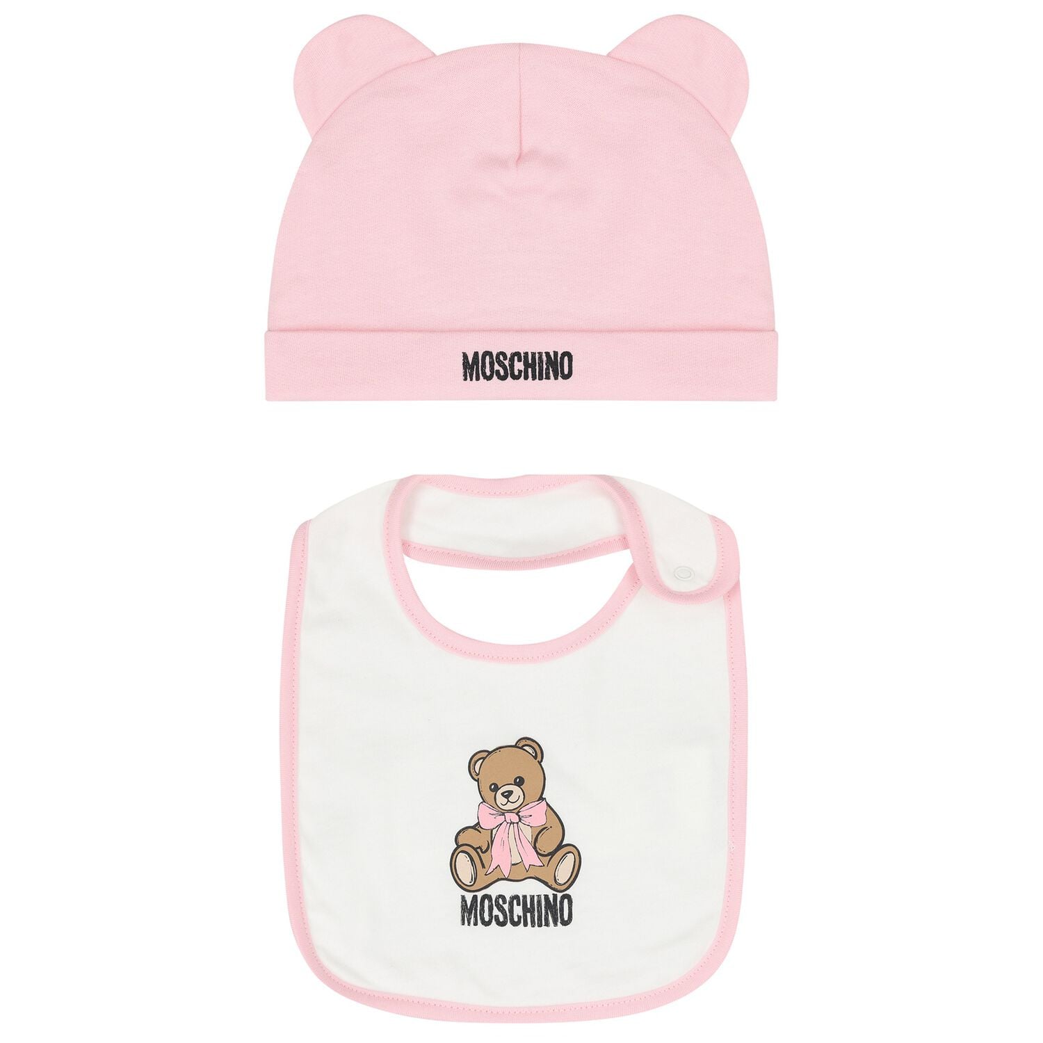 Baby Girls Pink & White Teddy Bear Logo Hat & Bib Gift Set, 1, hi-res