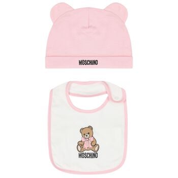 Baby Girls Pink & White Teddy Bear Logo Hat & Bib Gift Set