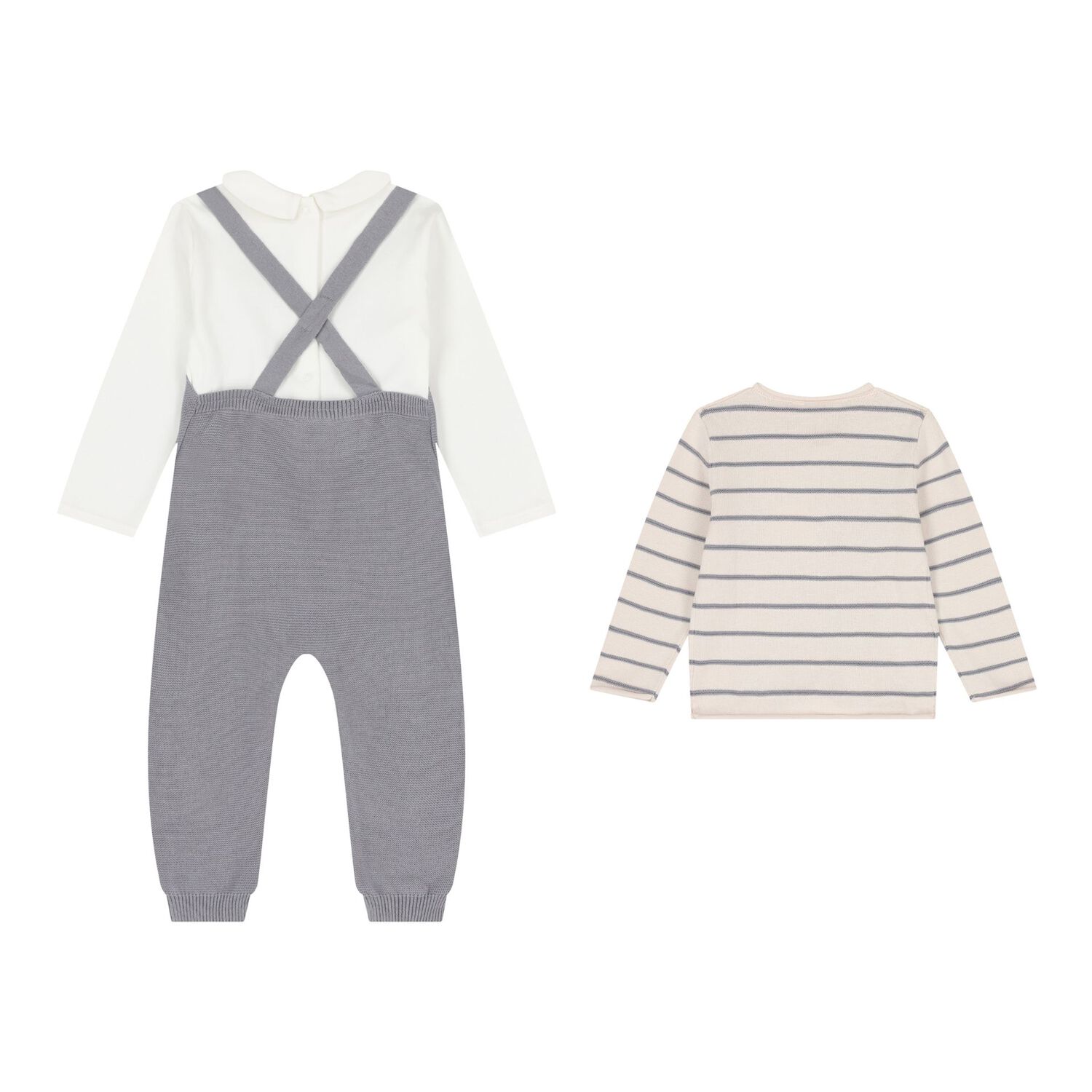 Baby Boys White, Beige & Grey Knitted Dungaree Set ( 3 Piece ), 1, hi-res