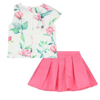 Girls White & Pink Floral Skirt Set