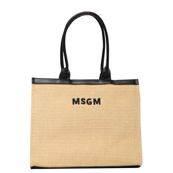 Girls Beige & Black Straw Tote Bag
