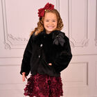 Girls Black Bow Faux Fur Jacket, 1, hi-res