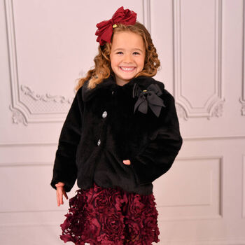 Girls Black Bow Faux Fur Jacket