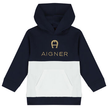 Boys Navy Blue & White Logo Hooded Top