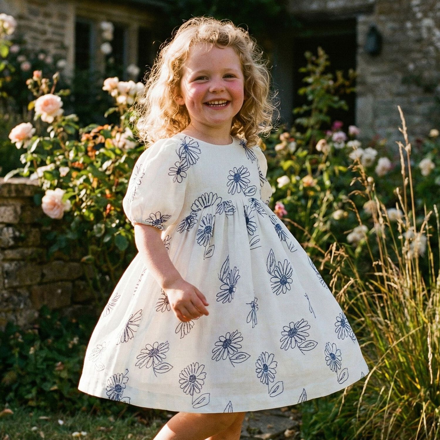 Girls White Floral Dress, 1, hi-res