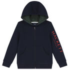 Boys Navy Blue Logo Hooded Zip Up Top, 1, hi-res