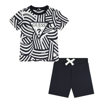 Baby Boys White & Navy Blue Logo Shorts Set