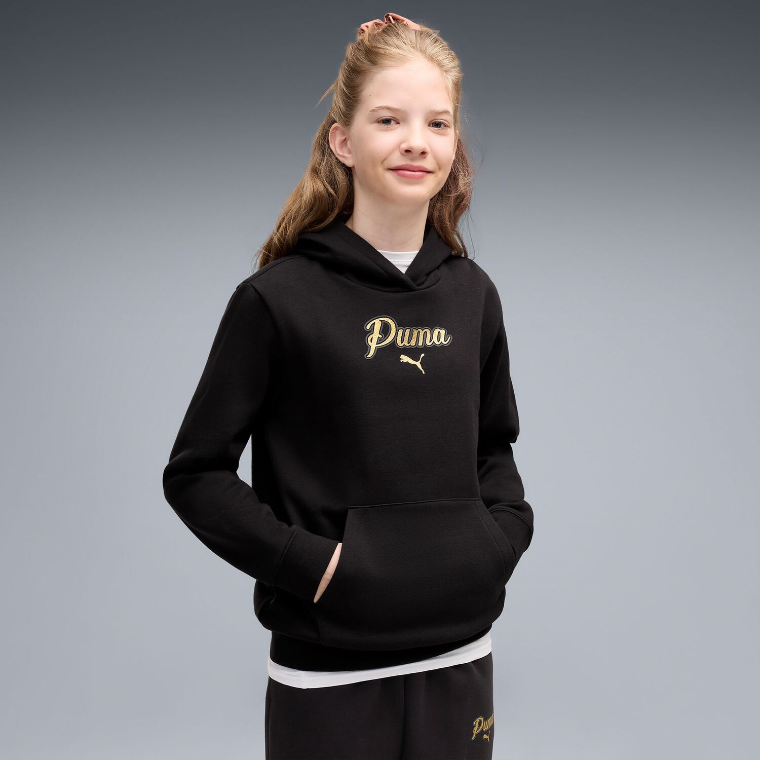 Girls Black Logo Hooded Top, 1, hi-res