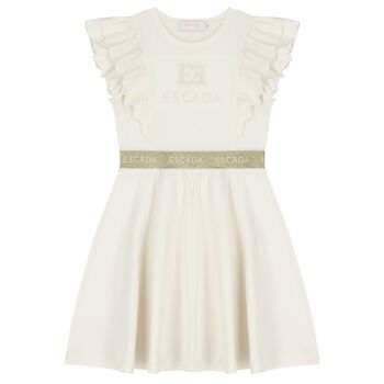 Girls Ivory & Gold Logo Ruffled Dress