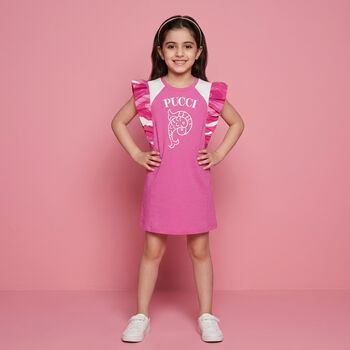 Girls Pink & White Logo Ruffled Dress