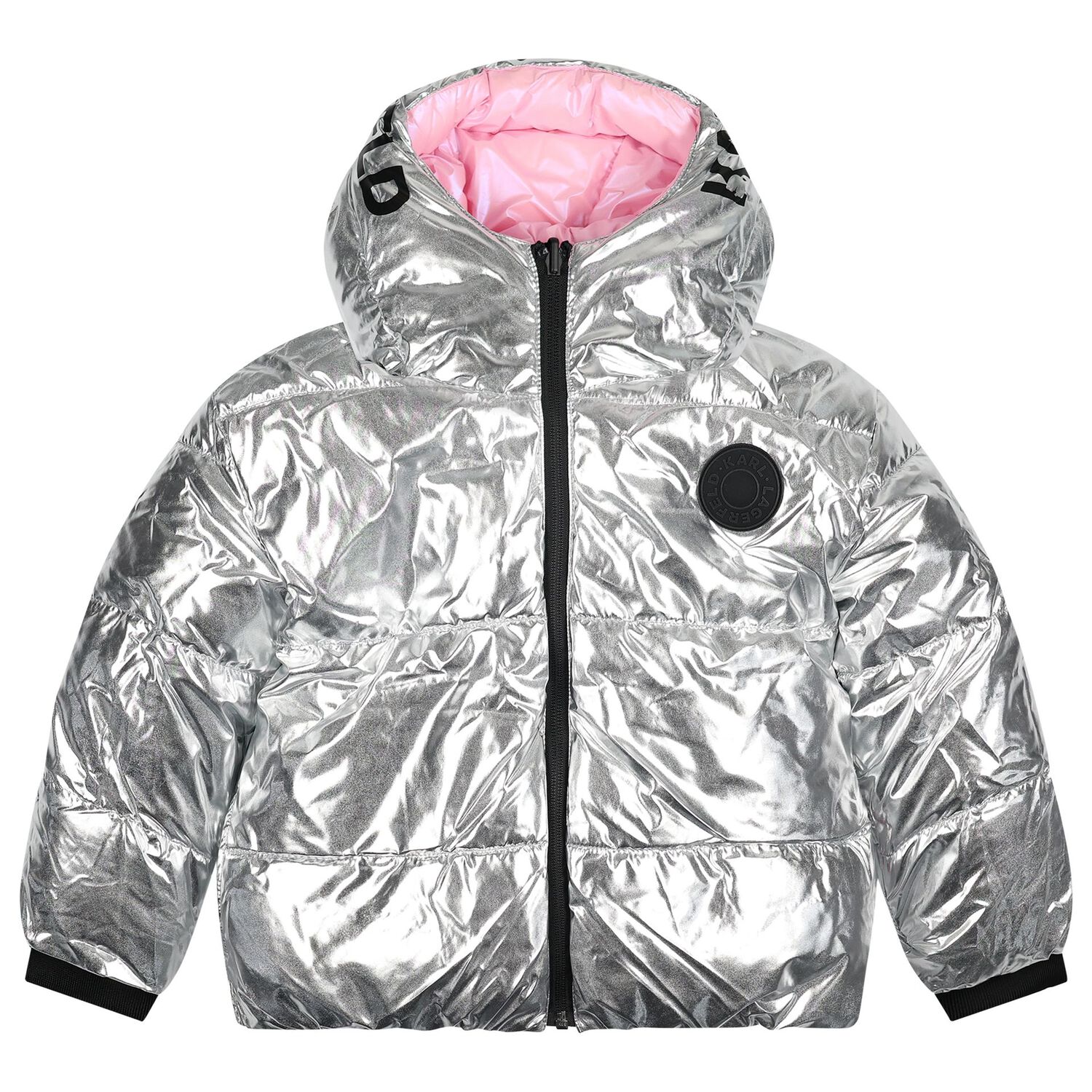 Girls Silver & Pink Reversible Puffer Jacket, 1, hi-res