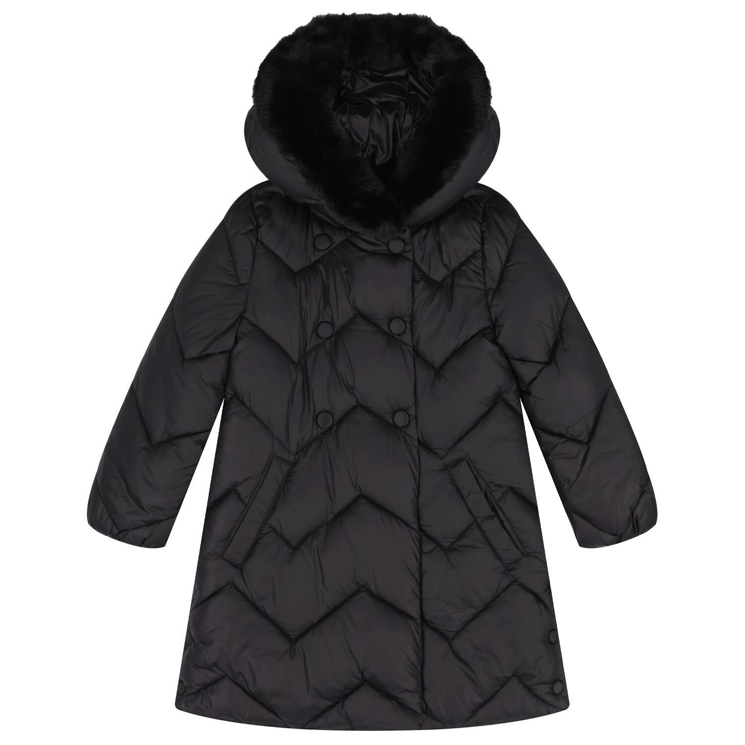 Girls Black Zig Zag Quilted Puffer Coat, 1, hi-res