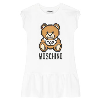 Girls White Teddy Logo Dress