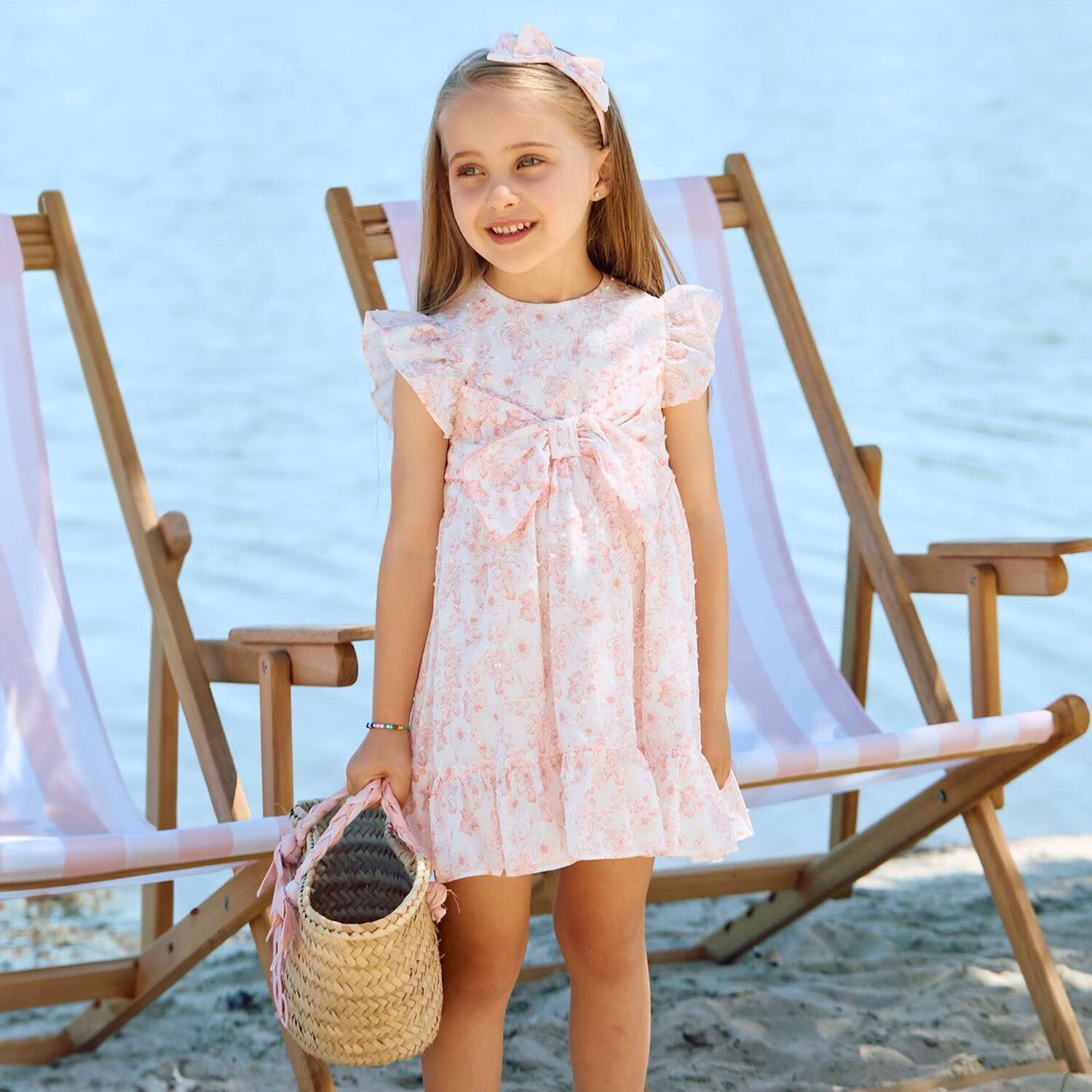Younger Girls White & Pink Floral Dress, 1, hi-res