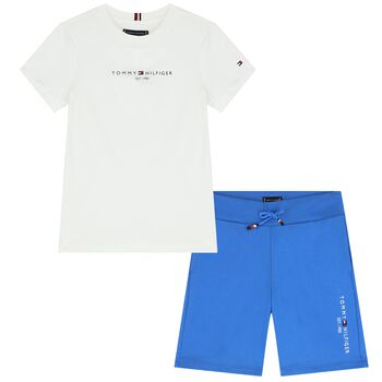 Boys White & Blue Logo Shorts Set