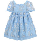 Girls Blue Embroidered Tulle Dress, 2, hi-res