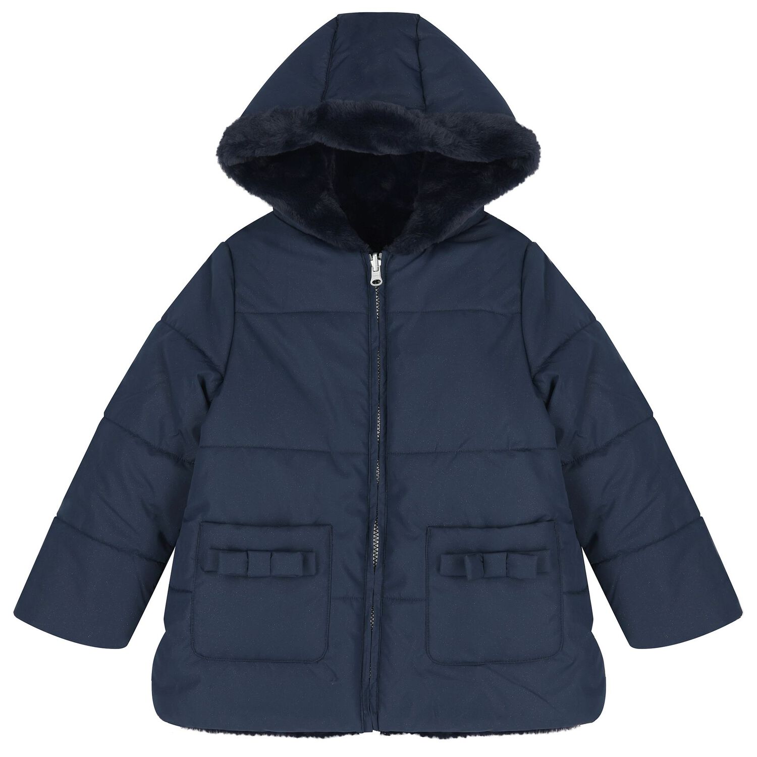 Girls Navy Blue Reversible Faux Fur Jacket, 1, hi-res
