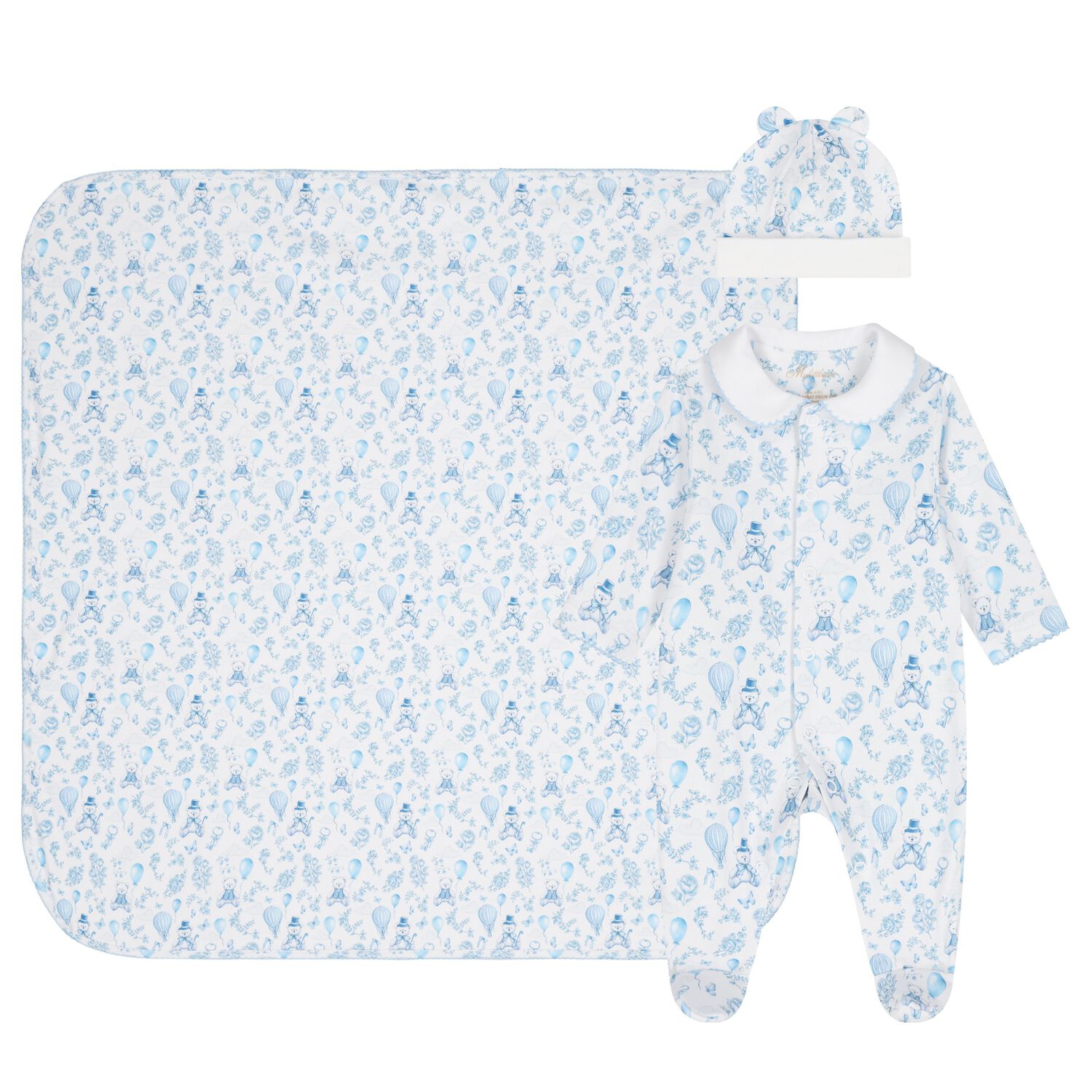 Boys White & Blue Toile de Jouy Babygrow Set, 1, hi-res image number null